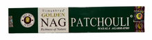 Load image into Gallery viewer, Green box of Golden Nag Patchouli incense on a white background
