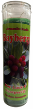 Load image into Gallery viewer, Bayberry candle in a glass container with green wax and red berries on a white background