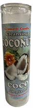 Load image into Gallery viewer, Candle labeled 'Aromatic Candle Cleansing Coconut' with coconut image on a white background