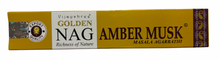 Load image into Gallery viewer, Box of Golden Nag Amber Musk incense sticks on a white background
