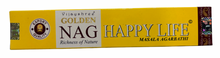 Load image into Gallery viewer, Box of Golden Nag Happy Life incense sticks on a white background
