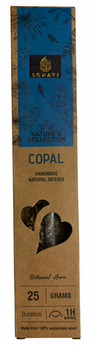 Copal incense packaging with blue label and brown box on white background