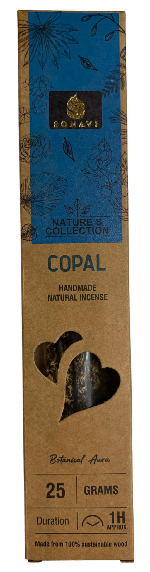 Copal incense packaging with blue label and brown box on white background