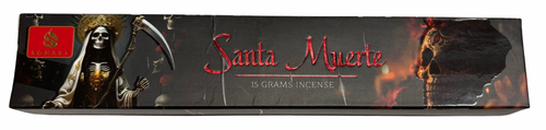 Box of Santa Muerte incense with skull and scythe design