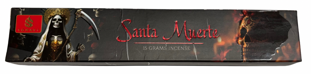 Box of Santa Muerte incense with skull and scythe design
