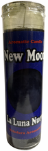 Load image into Gallery viewer, Candle with 'New Moon' and 'La Luna Nueva' text on a white background
