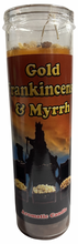 Load image into Gallery viewer, A candle labeled 'Gold Frankincense &amp; Myrrh' with a desert scene design on a white background.
