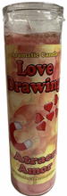 Load image into Gallery viewer, Candle with text 'Love Drawing' and heart designs on a white background
