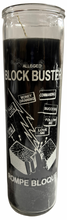 Load image into Gallery viewer, Candle labeled 'Alleged Block Buster' with text and graphics on a black background
