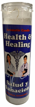 Load image into Gallery viewer, Candle in a transparent holder with a label reading 'Health &amp; Healing' and 'Salud y Sanacion'.
