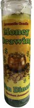 Load image into Gallery viewer, Aromantic candle labeled 'Money Drawing' with a pot of gold design on a white background.
