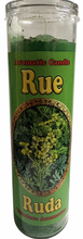 Load image into Gallery viewer, Aromatic candle labeled 'Rue Ruda' with green and yellow design on a white background
