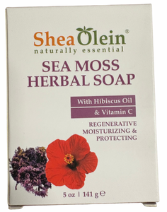 Shea Olein Sea Moss Herbal Soap packaging with hibiscus oil and vitamin C on a white background