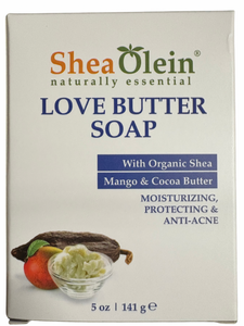 Shea Olein Love Butter Soap packaging with text and images of ingredients on a white background